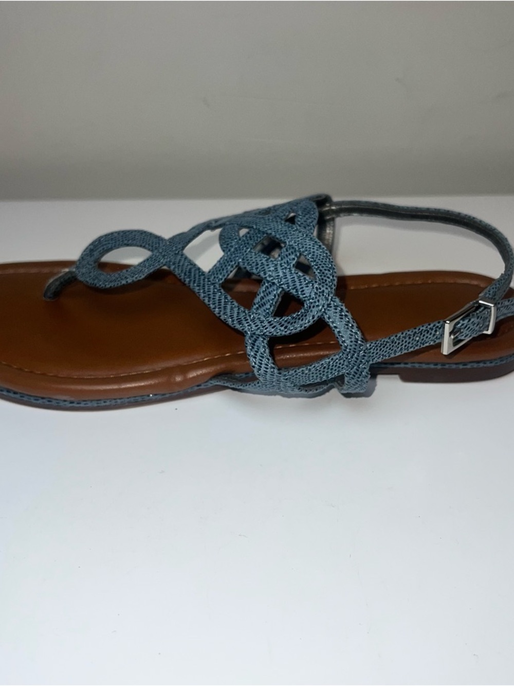 Kelly & Katie Woven Strap Women's Flat Sandals in Light Blue and Brown - Picture 6 of 13